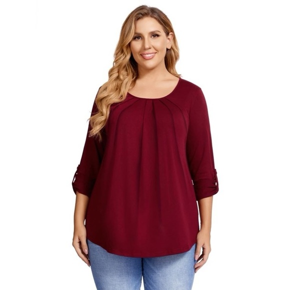 NWOT Women Pleated Flowy Top 3/4 Roll Sleeve Casual Loose Blouse Red Medium - Picture 1 of 9